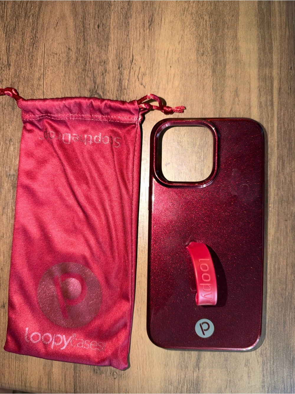 iPhone 15 pro max dark red sparkle phone case with loop and bag included